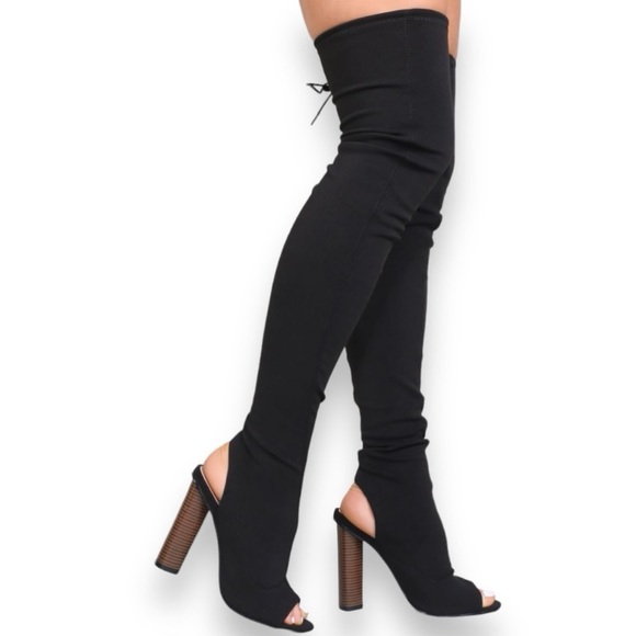 Peeptoe Heeled Boots Public Desire Stella Over the Knee Sock Fit Black Size 7 - Picture 15 of 16